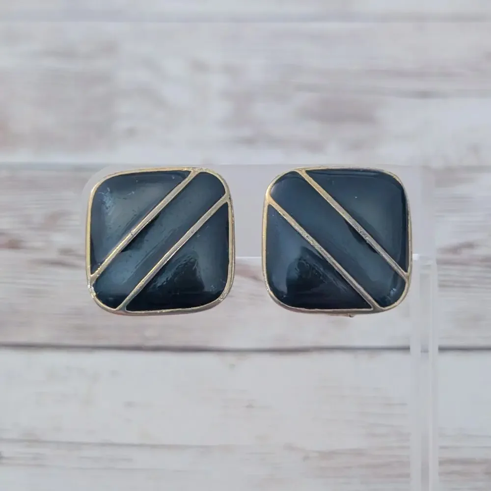 Vintage Clip On Earrings Dark Green & Gold Tone Retro Statement